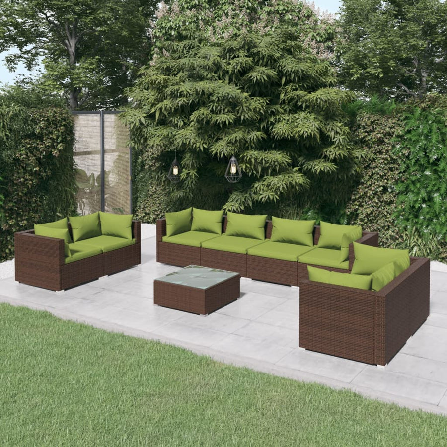 9-delige Loungeset met kussens poly rattan bruin