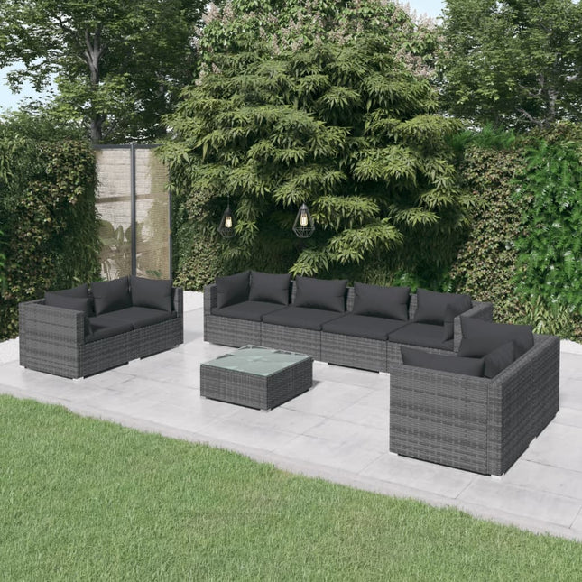 9-Delige Loungeset Met Kussens Poly Rattan Grijs En Antraciet 6x hoek + 2x midden + Tafel