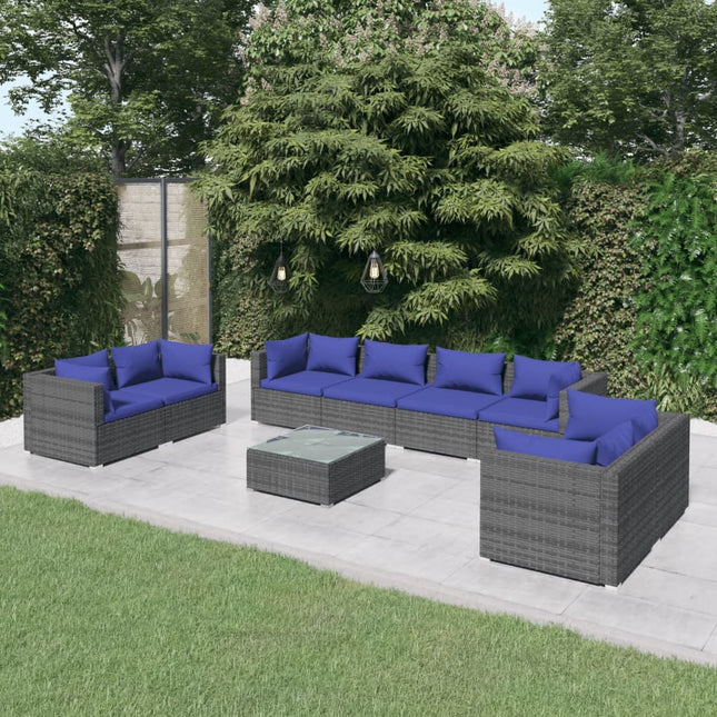 9-Delige Loungeset Met Kussens Poly Rattan Grijs En Donkerblauw 6x hoek + 2x midden + Tafel