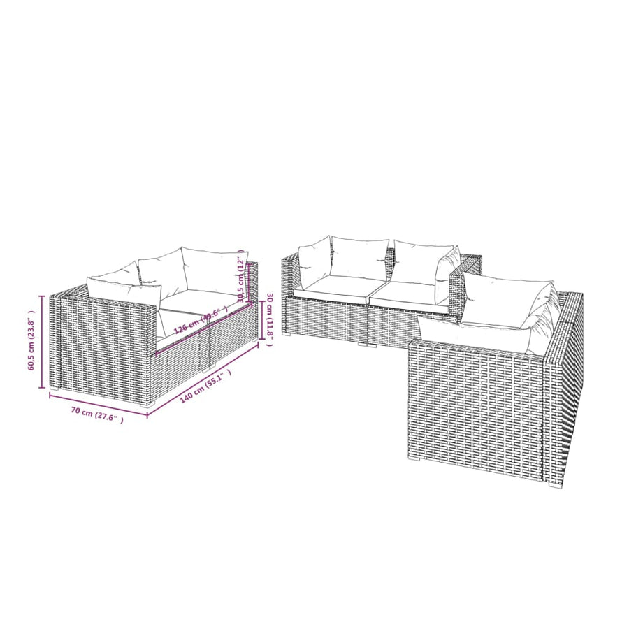 6-delige Loungeset met kussens poly rattan zwart 6x hoek