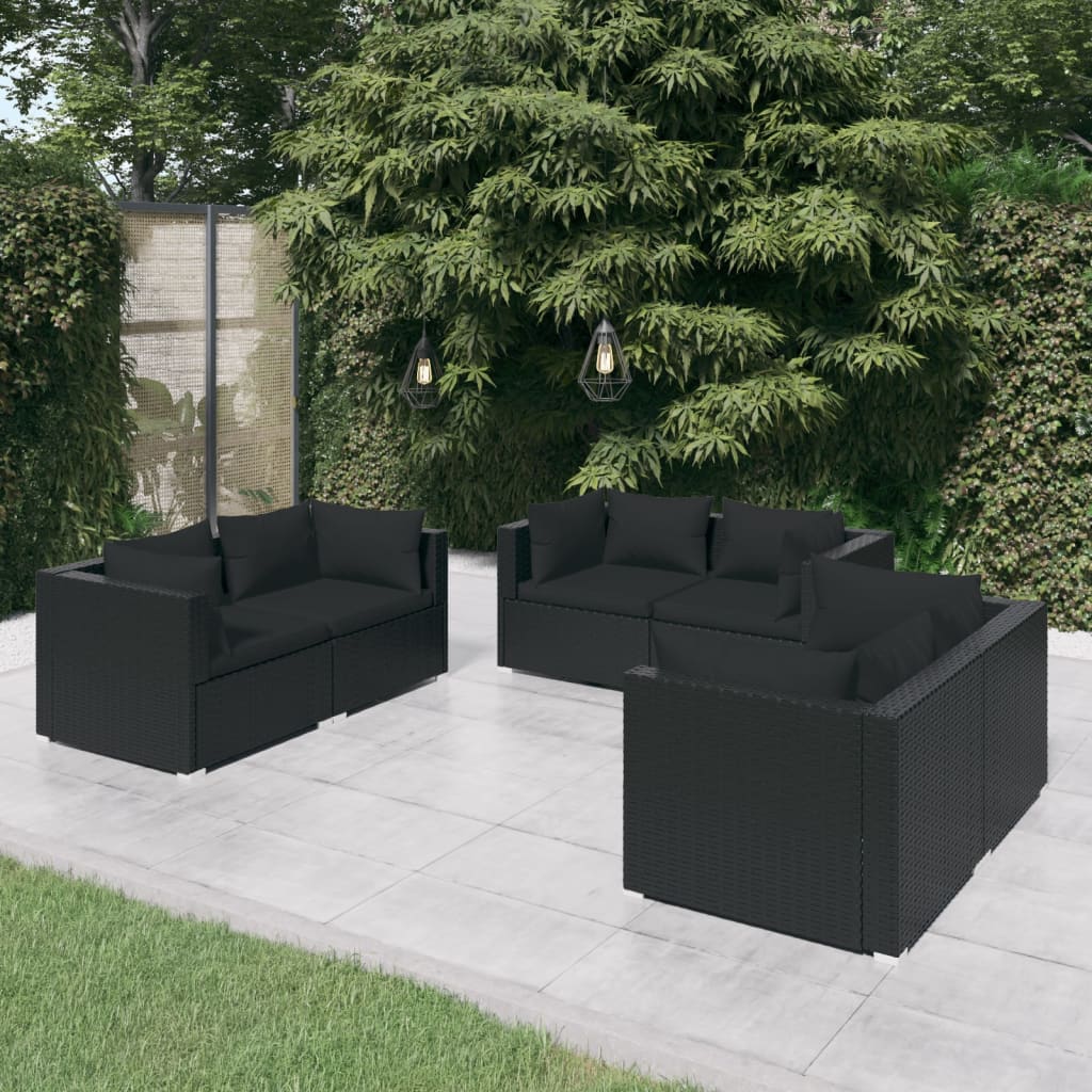 6-delige Loungeset met kussens poly rattan zwart 6x hoek