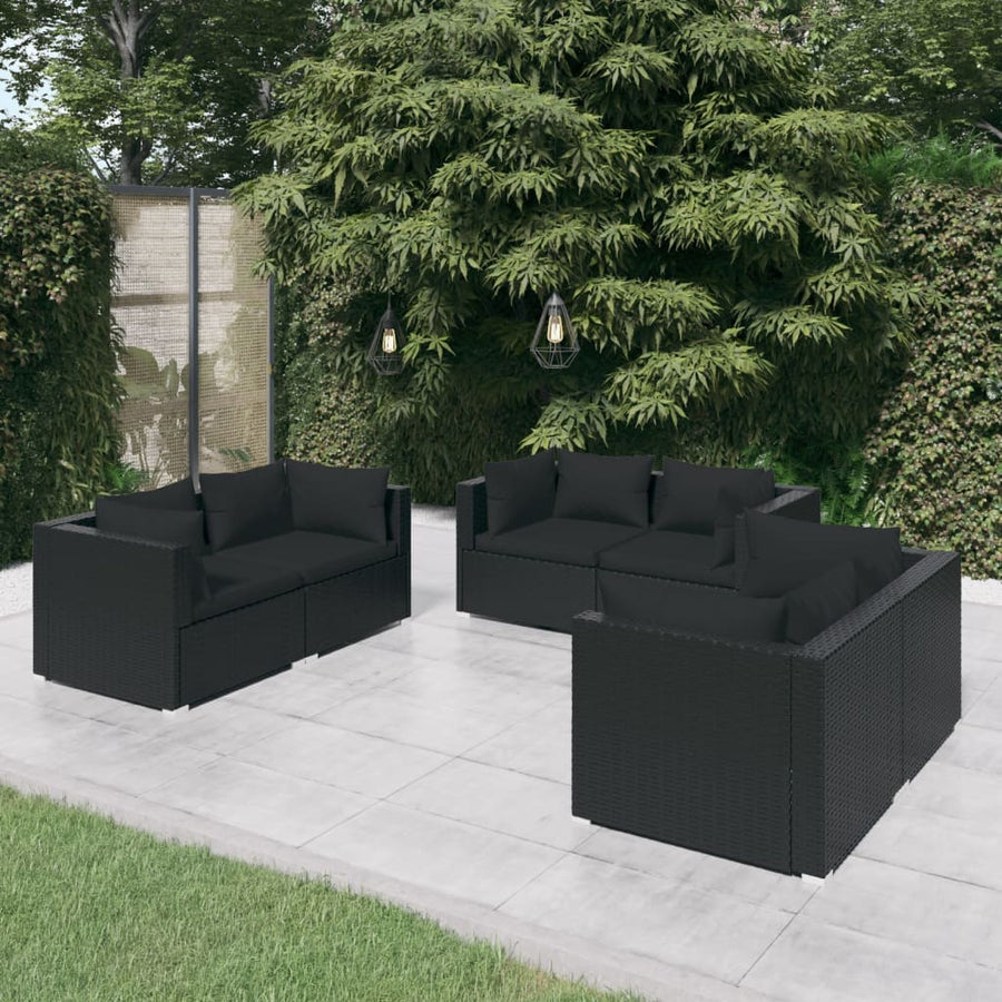 6-delige Loungeset met kussens poly rattan zwart 6x hoek