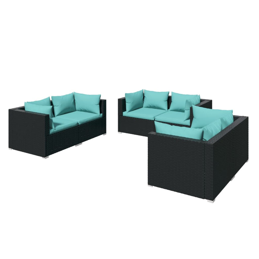 6-Delige Loungeset Met Kussens Poly Rattan Zwart En Waterblauw 6x hoek