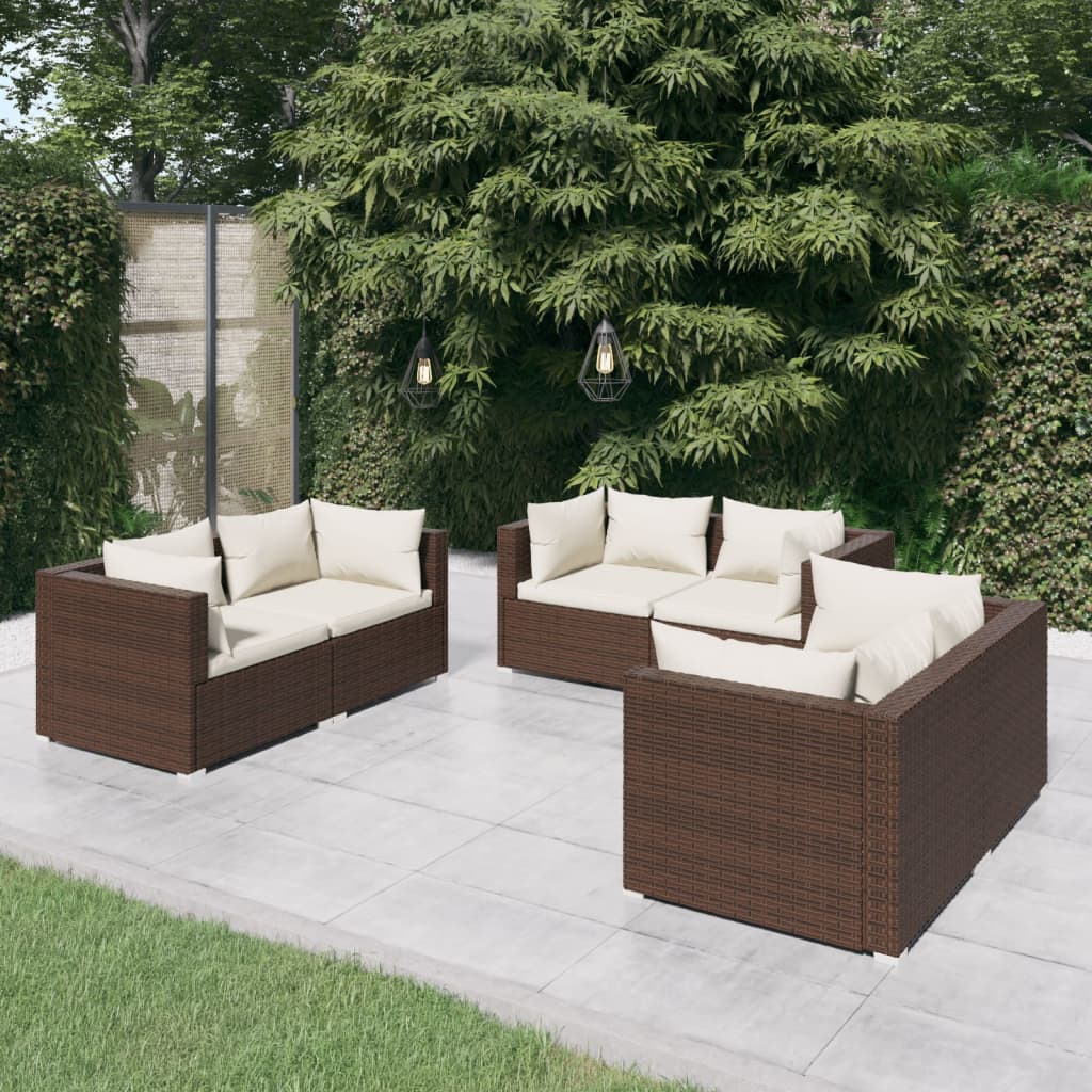 6-delige Loungeset met kussens poly rattan bruin 1 Bruin en crème
