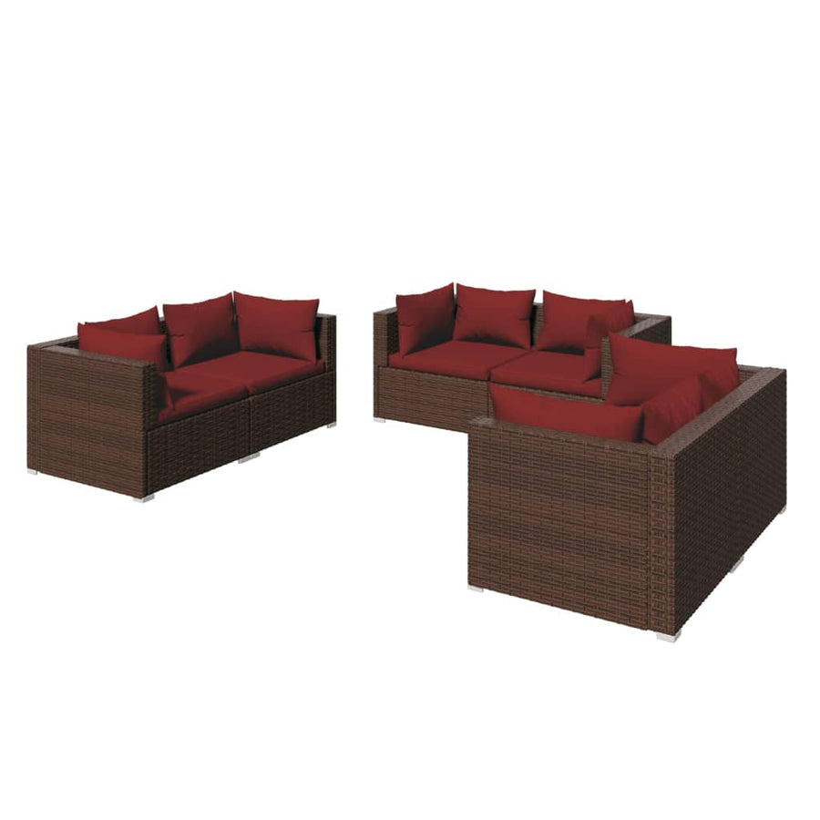 6-delige Loungeset met kussens poly rattan bruin 1 Bruin en kaneelrood