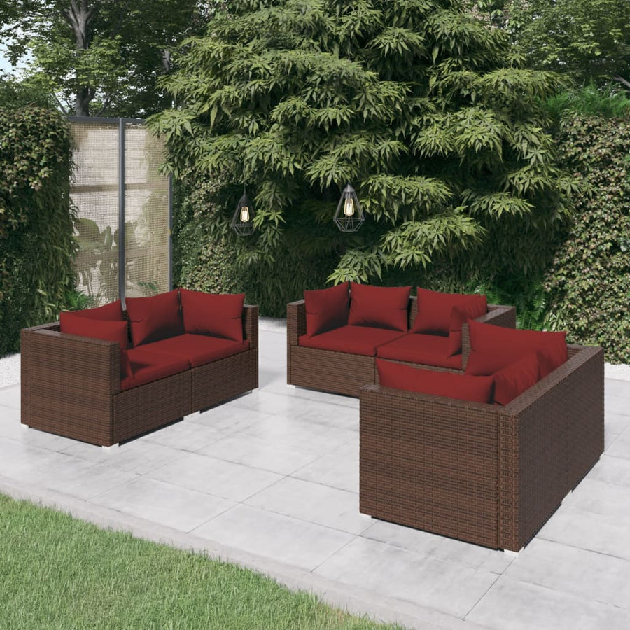 6-delige Loungeset met kussens poly rattan bruin 1 Bruin en kaneelrood