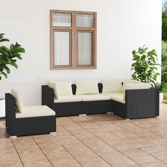 5-Delige Loungeset Met Kussens Poly Rattan Zwart en crème 3x hoek + 2x midden