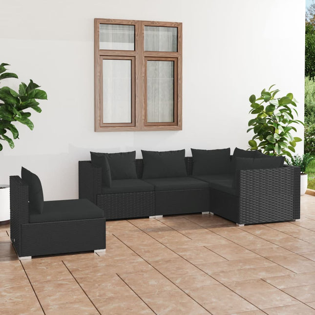 5-Delige Loungeset Met Kussens Poly Rattan Zwart 3x hoek + 2x midden