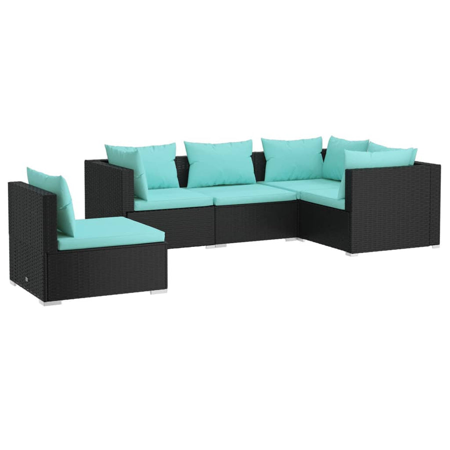 5-Delige Loungeset Met Kussens Poly Rattan Zwart en waterblauw 3x hoek + 2x midden