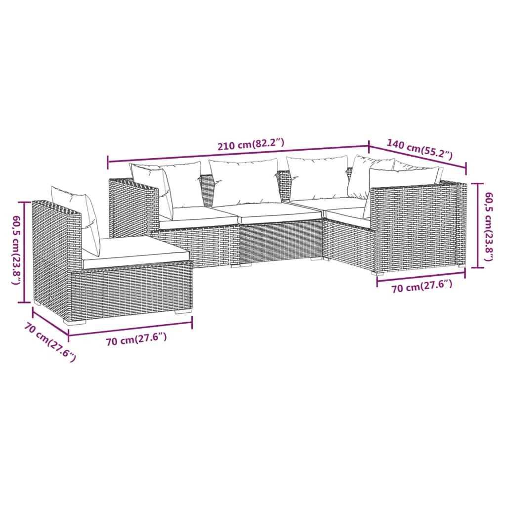 5-Delige Loungeset Met Kussens Poly Rattan Zwart en waterblauw 3x hoek + 2x midden