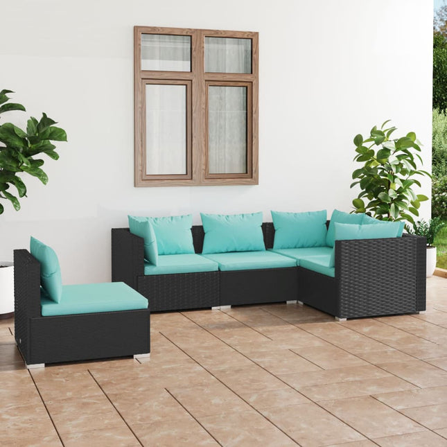 5-Delige Loungeset Met Kussens Poly Rattan Zwart en waterblauw 3x hoek + 2x midden