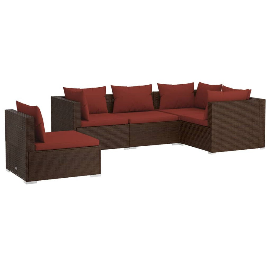 5-Delige Loungeset Met Kussens Poly Rattan Bruin en kaneelrood 3x hoek + 2x midden