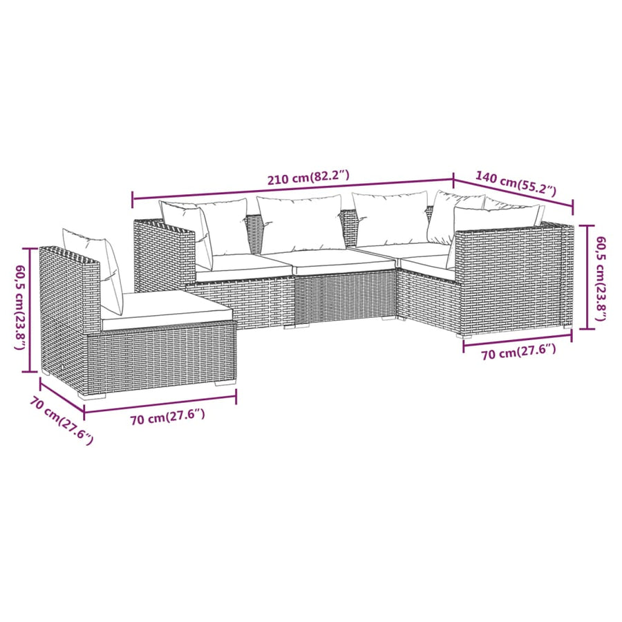5-Delige Loungeset Met Kussens Poly Rattan Bruin en kaneelrood 3x hoek + 2x midden