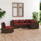 5-Delige Loungeset Met Kussens Poly Rattan Bruin en kaneelrood 3x hoek + 2x midden