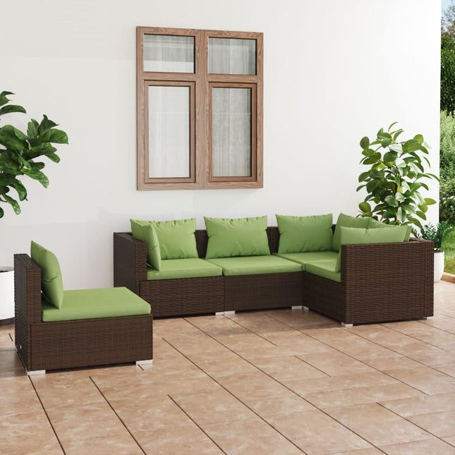 5-Delige Loungeset Met Kussens Poly Rattan Bruin en groen 3x hoek + 2x midden