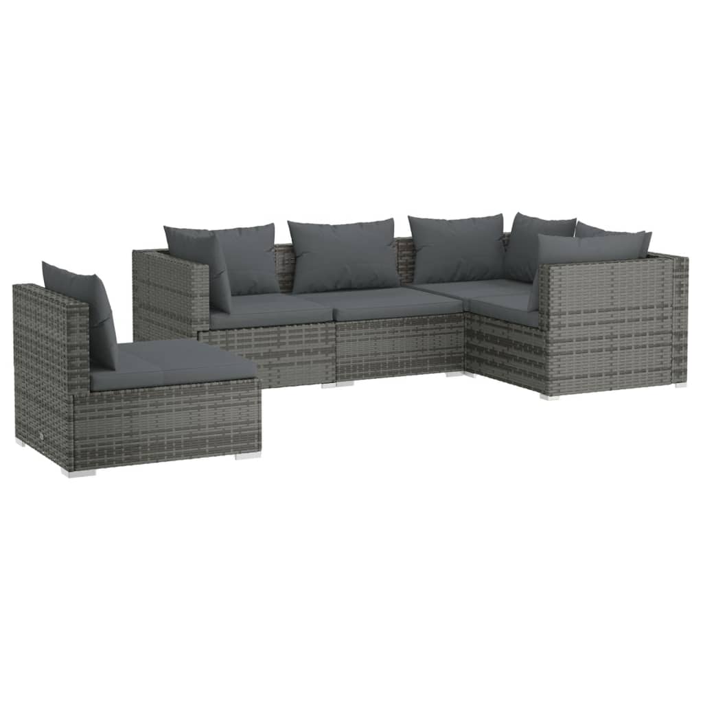 5-Delige Loungeset Met Kussens Poly Rattan Grijs en antraciet 3x hoek + 2x midden