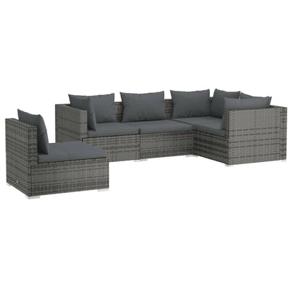 5-Delige Loungeset Met Kussens Poly Rattan Grijs en antraciet 3x hoek + 2x midden