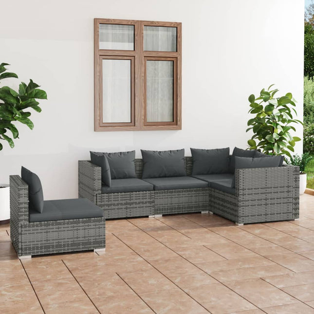 5-Delige Loungeset Met Kussens Poly Rattan Grijs en antraciet 3x hoek + 2x midden