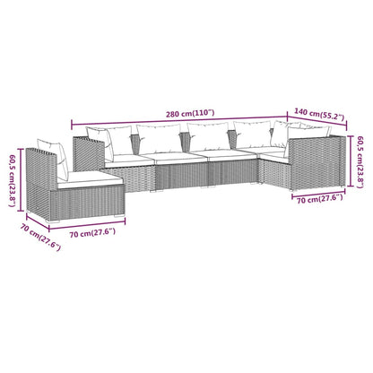 6-Delige Loungeset Met Kussens Poly Rattan Zwart en crème 3x hoek + 3x midden
