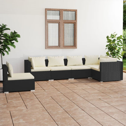 6-Delige Loungeset Met Kussens Poly Rattan Zwart en crème 3x hoek + 3x midden