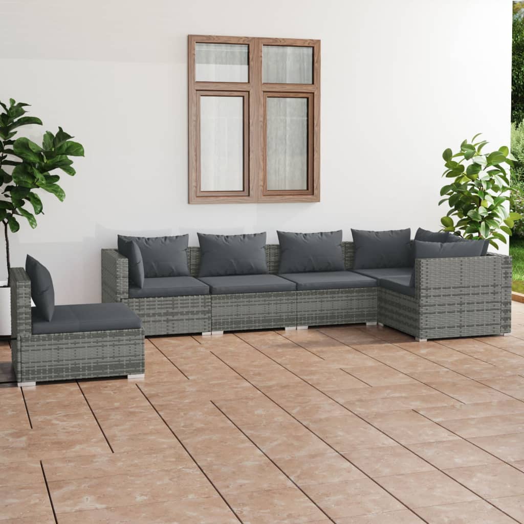 6-Delige Loungeset Met Kussens Poly Rattan Grijs en antraciet 3x hoek + 3x midden