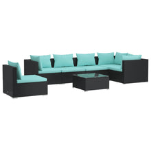 7-Delige Loungeset Met Kussens Poly Rattan Zwart en waterblauw 3x hoek + 3x midden + Tafel