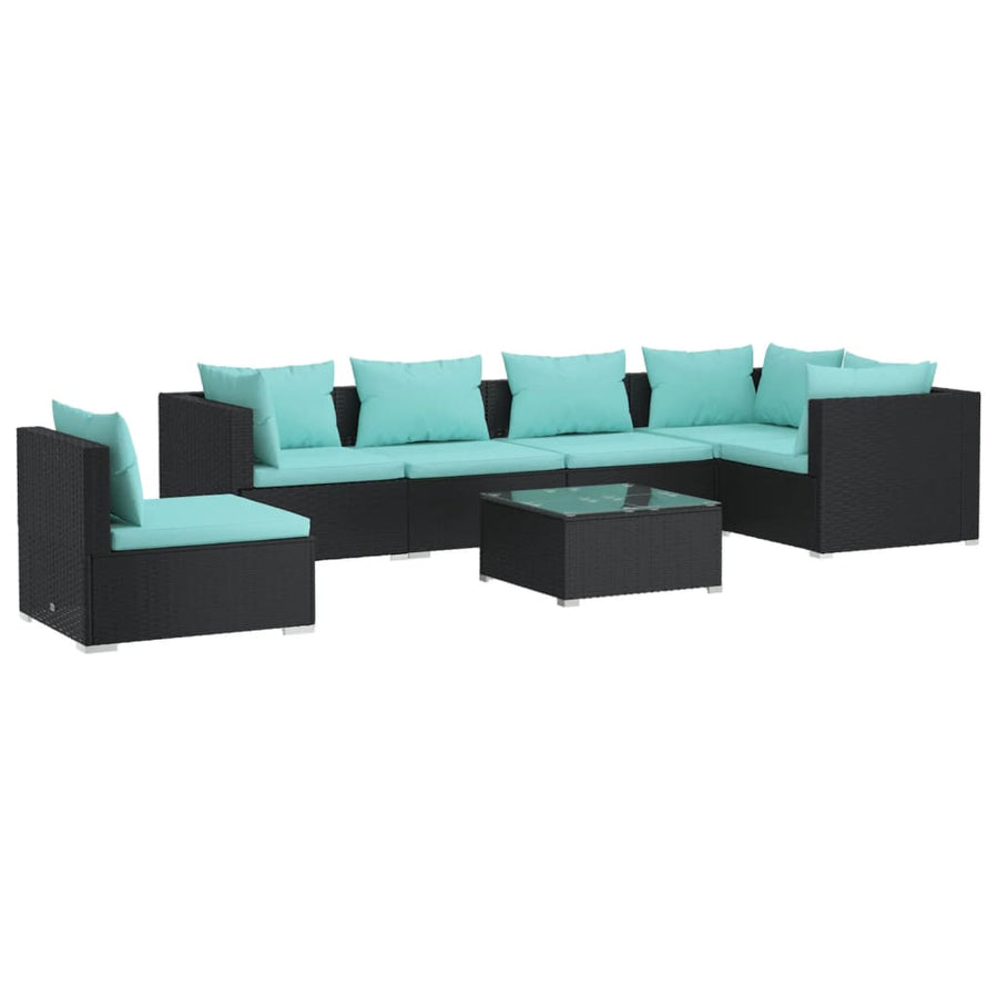 7-Delige Loungeset Met Kussens Poly Rattan Zwart en waterblauw 3x hoek + 3x midden + Tafel