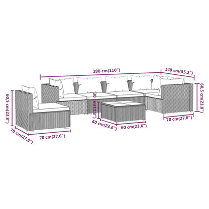 7-Delige Loungeset Met Kussens Poly Rattan Zwart en waterblauw 3x hoek + 3x midden + Tafel