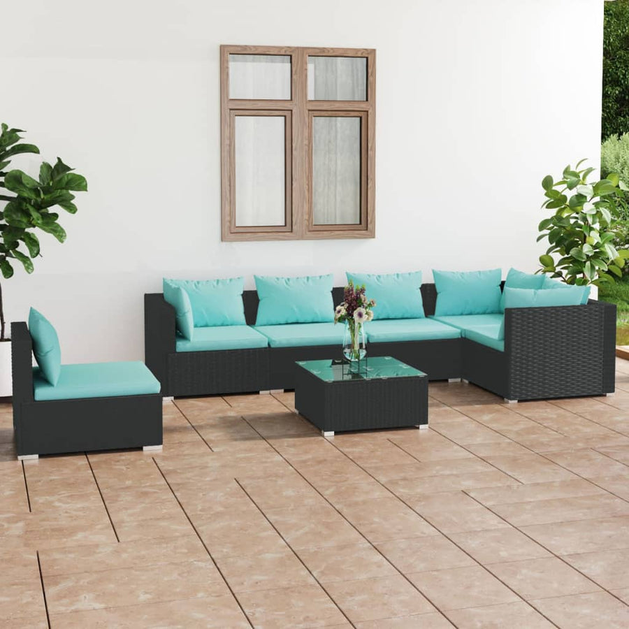 7-Delige Loungeset Met Kussens Poly Rattan Zwart en waterblauw 3x hoek + 3x midden + Tafel
