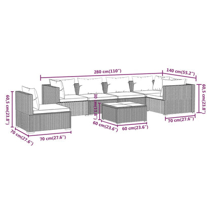 7-delige Loungeset met kussens poly rattan grijs