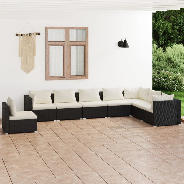 8-Delige Loungeset Met Kussens Poly Rattan Zwart en crème 3x hoek + 5x midden