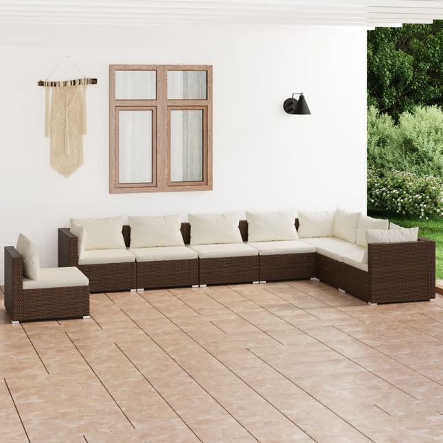 8-Delige Loungeset Met Kussens Poly Rattan Bruin en crème 3x hoek + 5x midden