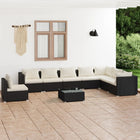 9-Delige Loungeset Met Kussens Poly Rattan Zwart en crème 3x hoek + 5x midden + Tafel