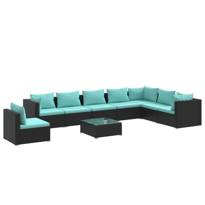 9-Delige Loungeset Met Kussens Poly Rattan Zwart en waterblauw 3x hoek + 5x midden + Tafel