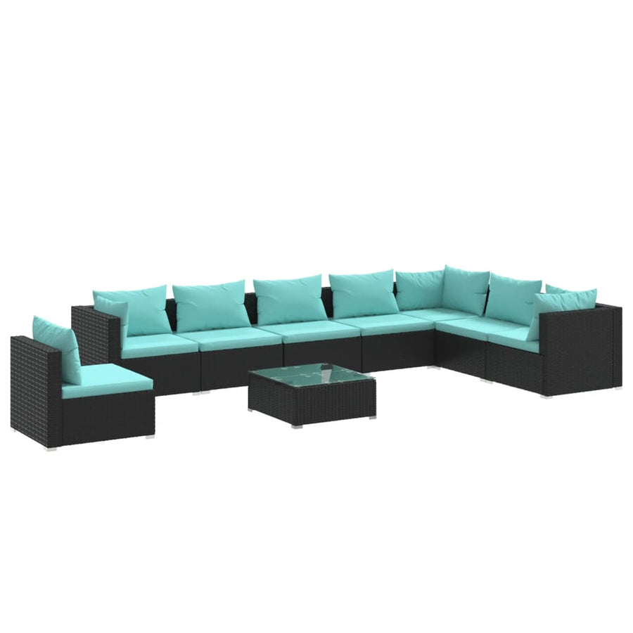 9-Delige Loungeset Met Kussens Poly Rattan Zwart en waterblauw 3x hoek + 5x midden + Tafel