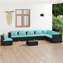 9-Delige Loungeset Met Kussens Poly Rattan Zwart en waterblauw 3x hoek + 5x midden + Tafel