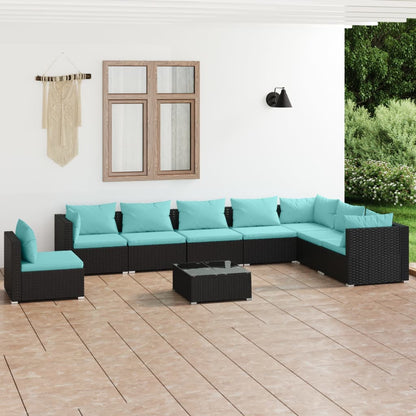 9-Delige Loungeset Met Kussens Poly Rattan Zwart en waterblauw 3x hoek + 5x midden + Tafel