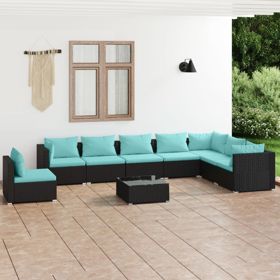 9-Delige Loungeset Met Kussens Poly Rattan Zwart en waterblauw 3x hoek + 5x midden + Tafel