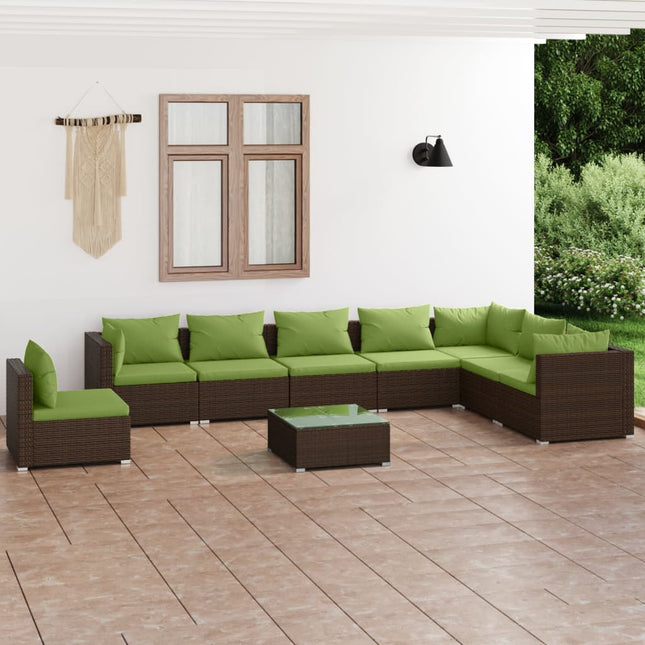 9-Delige Loungeset Met Kussens Poly Rattan Bruin en groen 3x hoek + 5x midden + Tafel