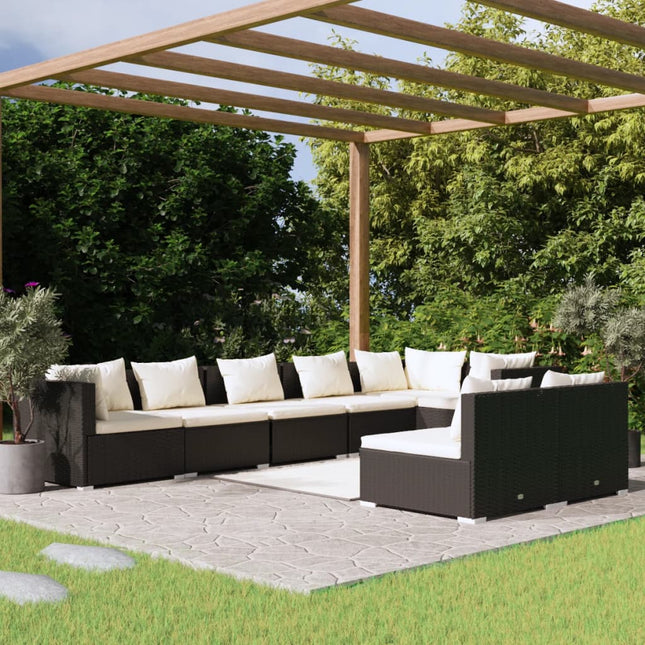 8-delige Loungeset met kussens poly rattan zwart 3x hoek + 5x midden