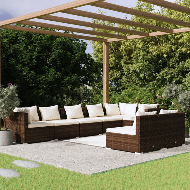 8-delige Loungeset met kussens poly rattan bruin 3x hoek + 5x midden