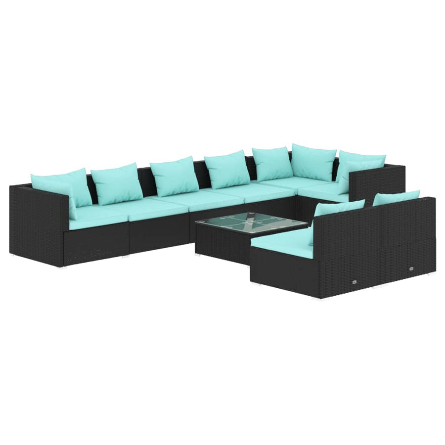 9-Delige Loungeset Met Kussens Poly Rattan Zwart En Waterblauw 3x hoek + 5x midden + Tafel