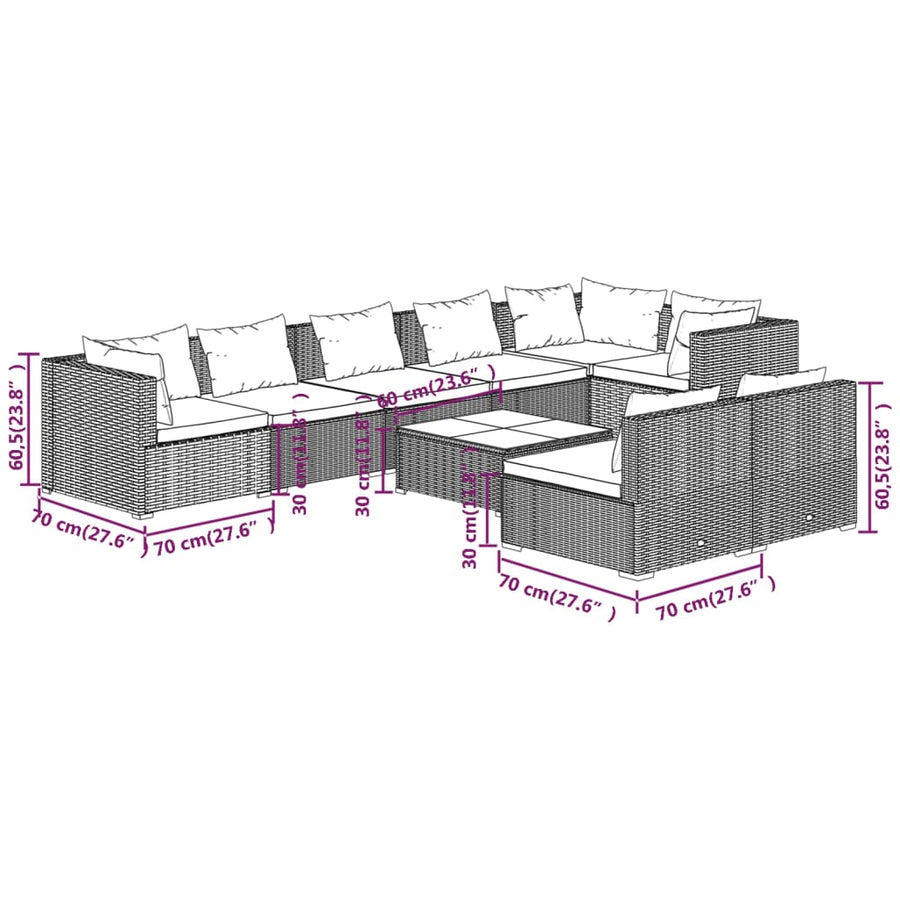 9-Delige Loungeset Met Kussens Poly Rattan Zwart En Waterblauw 3x hoek + 5x midden + Tafel