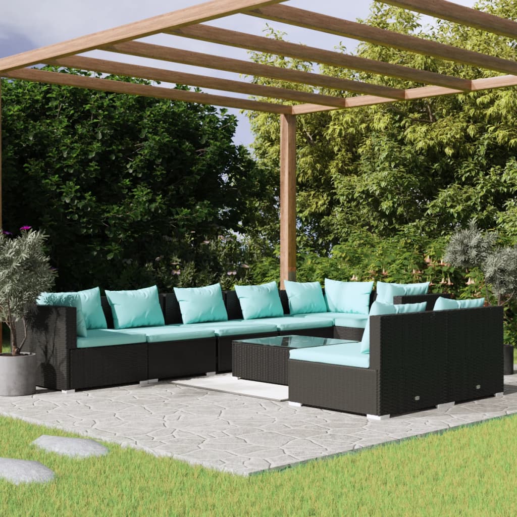 9-Delige Loungeset Met Kussens Poly Rattan Zwart En Waterblauw 3x hoek + 5x midden + Tafel