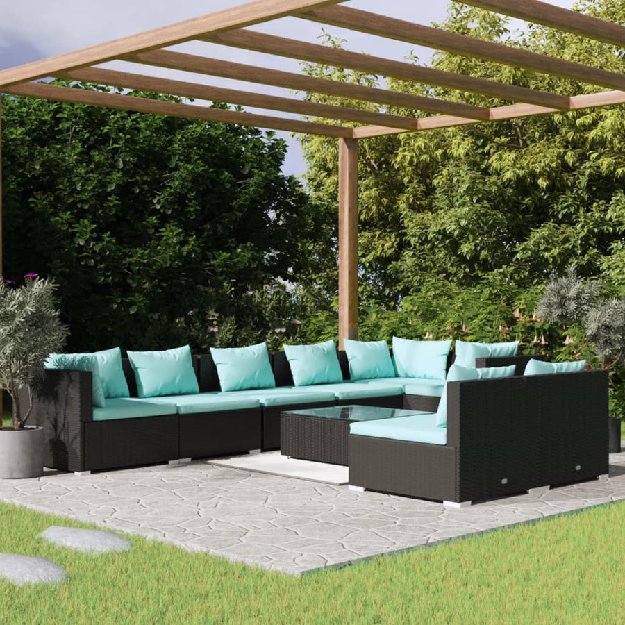9-Delige Loungeset Met Kussens Poly Rattan Zwart En Waterblauw 3x hoek + 5x midden + Tafel