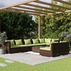 9-Delige Loungeset Met Kussens Poly Rattan Bruin En Groen 3x hoek + 5x midden + Tafel