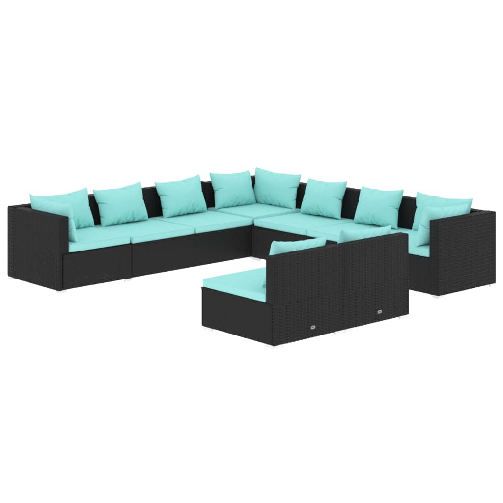 9-delige Loungeset met kussens poly rattan zwart