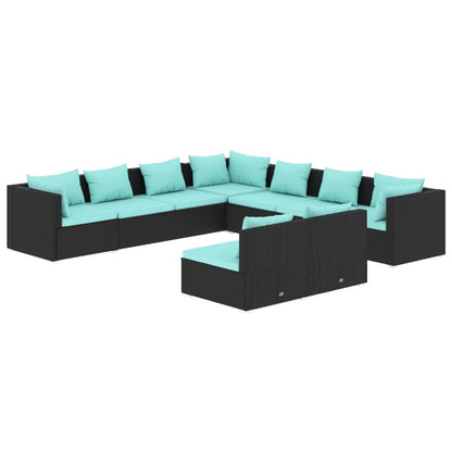 9-delige Loungeset met kussens poly rattan zwart