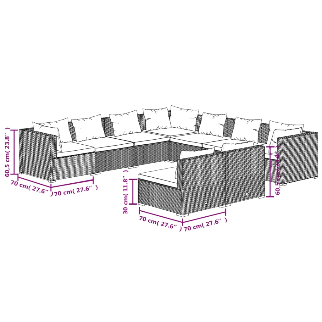 9-delige Loungeset met kussens poly rattan zwart