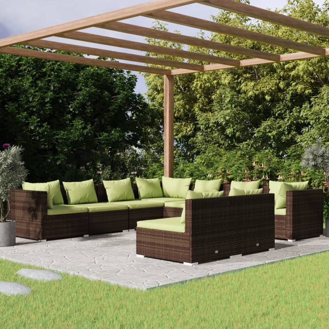 9-Delige Loungeset Met Kussens Poly Rattan Bruin En Groen 3x hoek + 6x midden